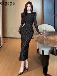 Ezgaga Sexy Dresses Women Bandage Sequins Slim Long Sleeve Temperament Stretch Elegant Party Dress Ladies Backless Vintage