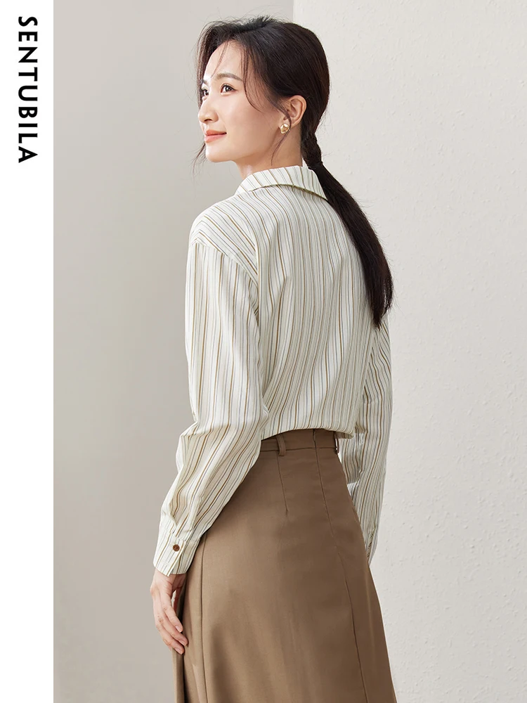 SENTUBILA Autumn Polo Striped Shirt for Women 2024 New Fashion Long Sleeve Button Up Blouse Lady Letter Contrast Top 133C50734