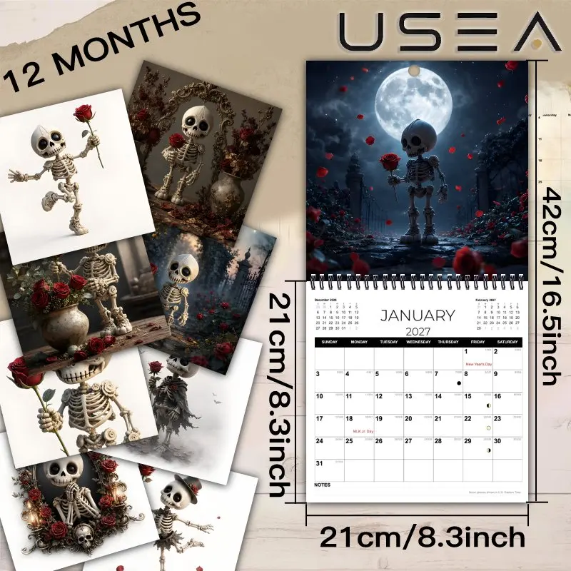 2027 Wall Calendar, 12-Month Monthly Planner with Skeleton Rose Art,Hanging Calendar, US Holidays, Lunar Phases, Aesthetic Decor