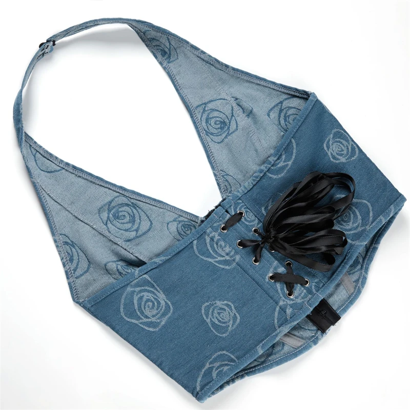 

Женский летний укороченный топ-корсет с завязками, синий джинсовый принт, на шнуровке, в готическом стиле, корректирующий фигуру, бюстье-камизоль