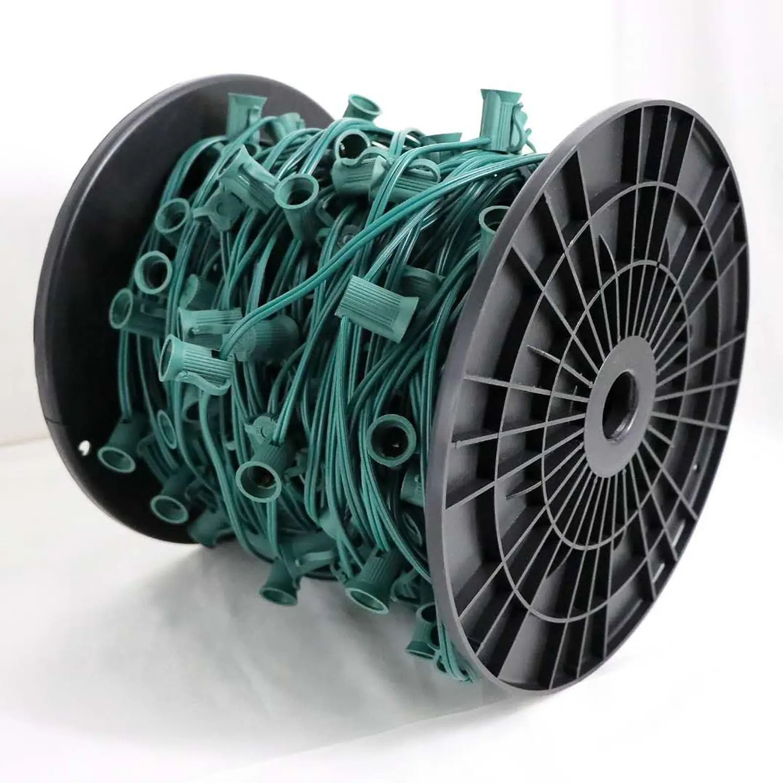 

Commercial Lighting E17 Socket Stringer Bulk Roll E17 Light Socket Green Spt-1 Wire 12" Pitch C9 Christmas Light Spool