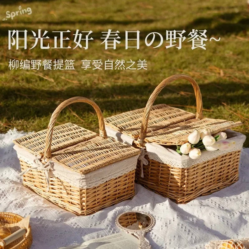 Hand-woven Rattan Picnic Basket Ins Style Outdoor Camping Basket for Fruit Flower Storage