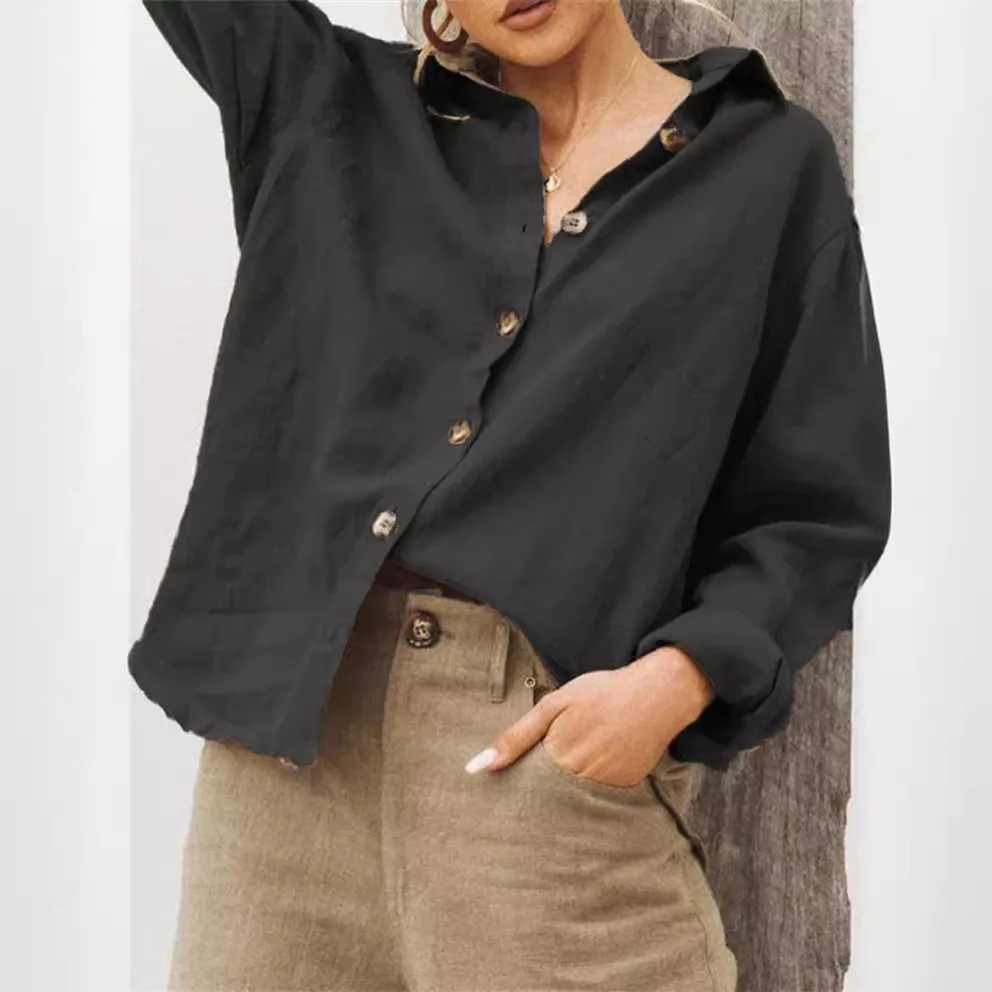 

Women's Shirt Retro Button Long Sleeved Casual Loose Cotton Linen Solid Color Fashionable Elegant Waist Waist Summer Coat