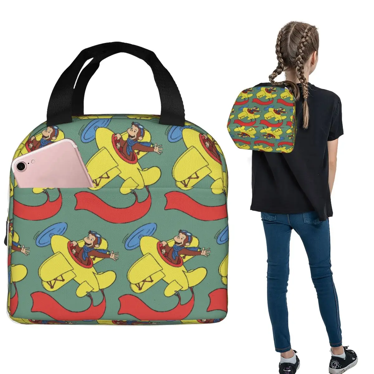 

Curious George In An Airplan Insulated Lunch Bag for Women Kids Portable Food Boxes Thermal Lunch Box Tote