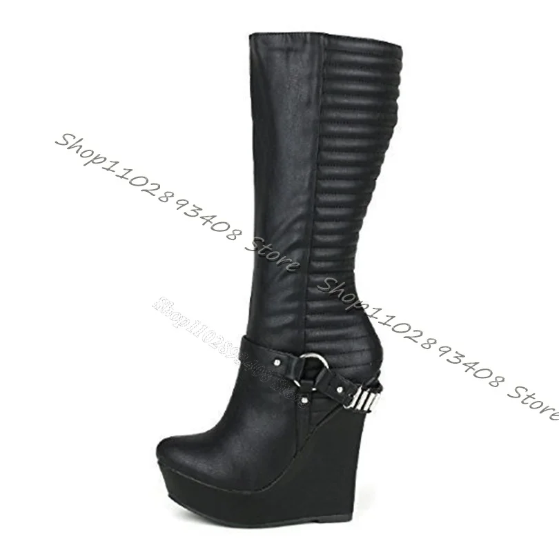 Black Metal Chain Decor Boots Wedges Heels Platform Round Toe Women Shoes New Style Winter Women Warm Boots Zapatos Para Mujere