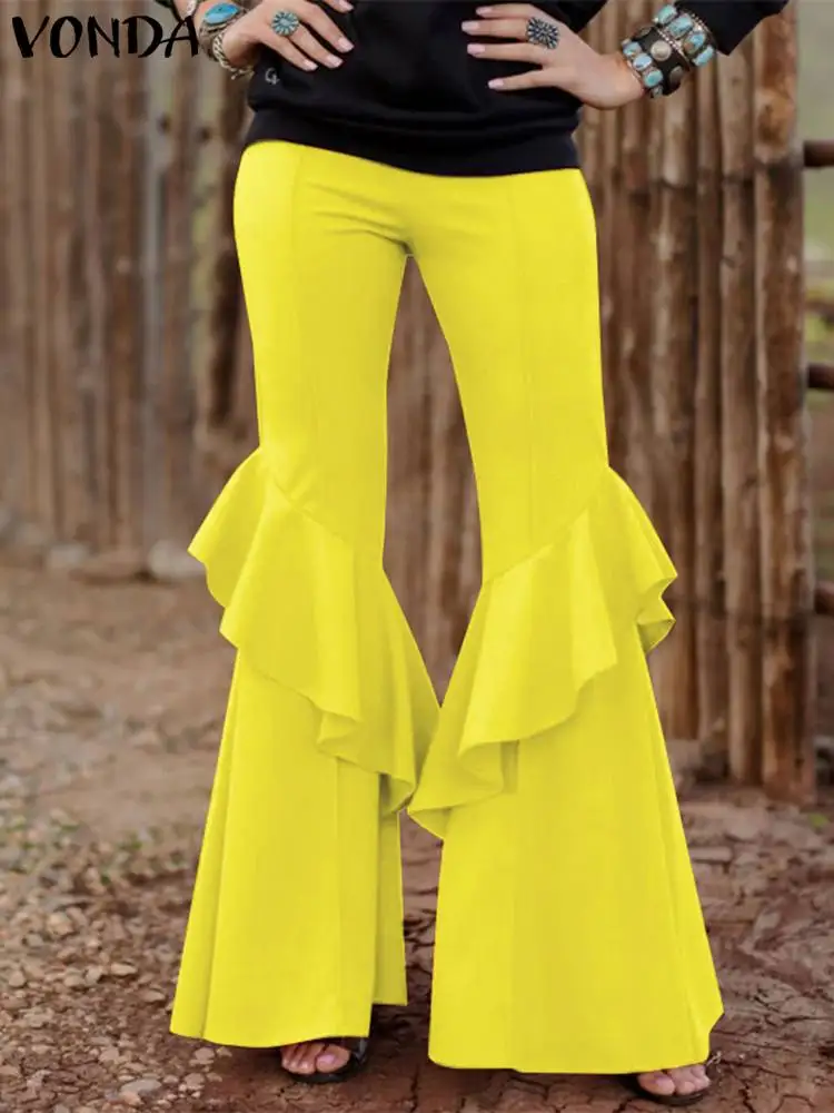 Fashion Long Pants 2024 VONDA Women Sexy Streetwear Ruffle Patchwork Wide Leg Trousers Well Fitting Flared Pants Solid Capris