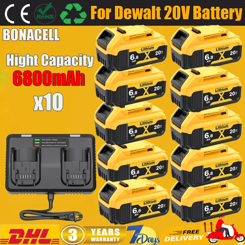 

6.8Ah For Dewalt 20V Battery 18650 Lithium Rechargeable Battery Replacement Battery For Dewalt DCD805 DCF850 Drill Power Tool