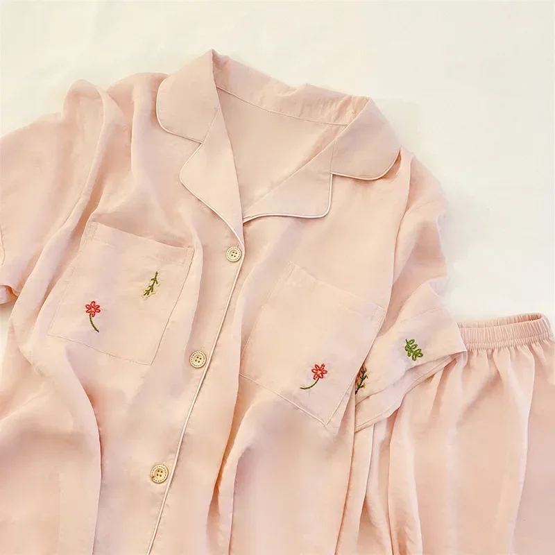 Pajamas Women's Ice Silk Short-sleeved Pajamas Suit Jacquard Plaid High-grade Home Wear Pajamas Nightwear Nightie Sleepwear