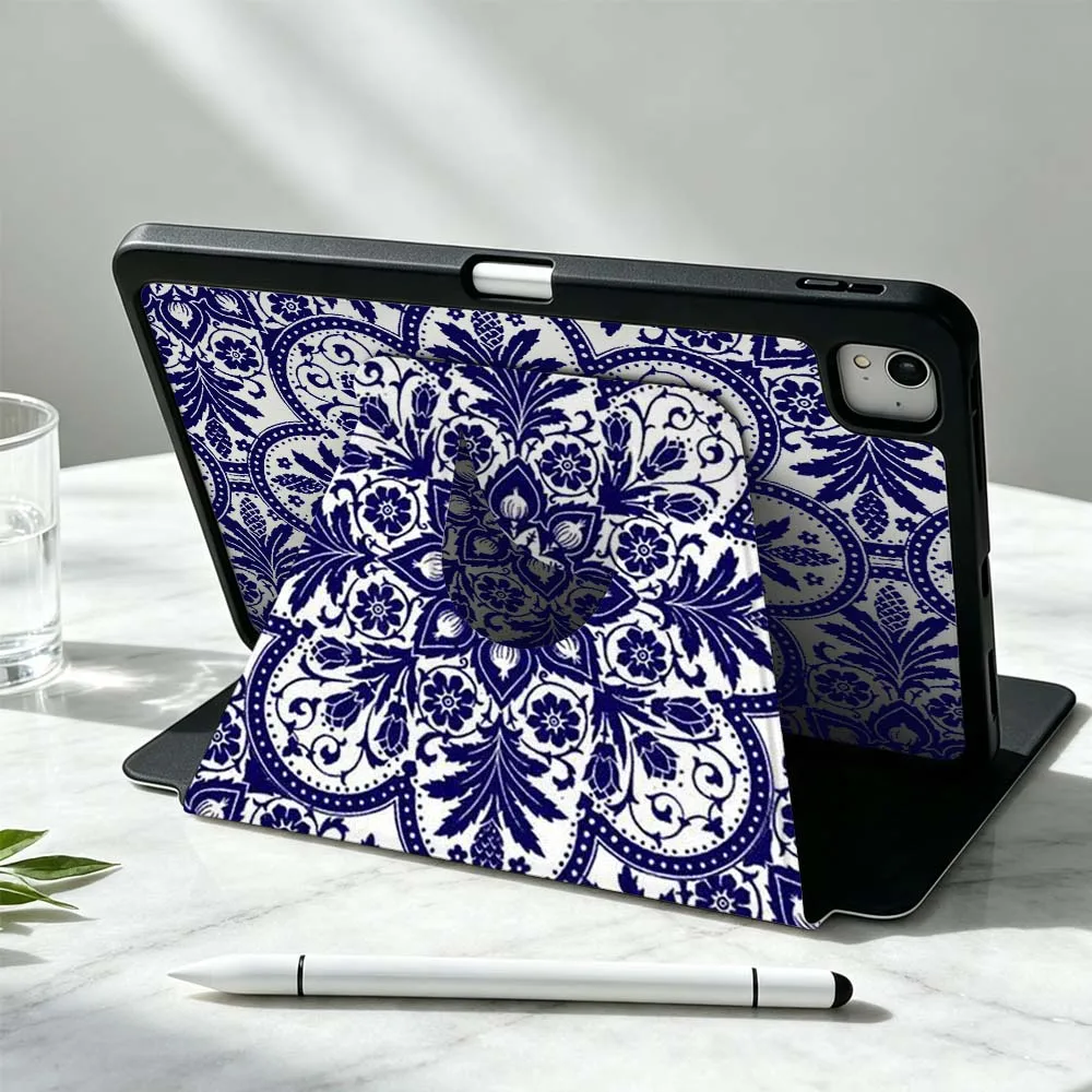 Blue Mandala Pattern Soft For iPad Pro Air mini 6 5 4 12th M5 M4 M3 M2 A16 A17Pro 360° Rotation Stylus Storage Tablet Case