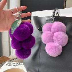 Grape Pom Poms Keychains Fluffy Pompoms Keychain Rex Rabbit Fur Pompoms Keyring Car Key Ring Pendant Accessories