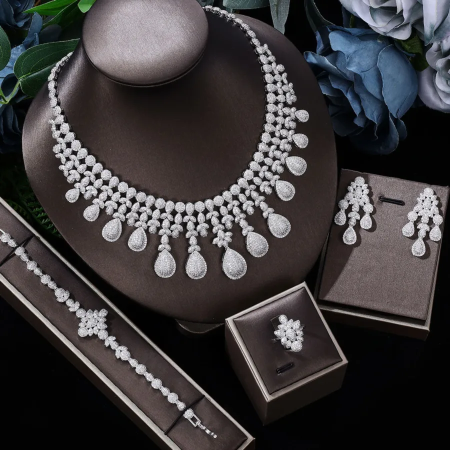 

Luxury Party Wedding Jewelry Set with Cubic Zirconia Nigerian Dubai Bridal Necklace Earring 4Pcs Jewelry Set Brides Gift