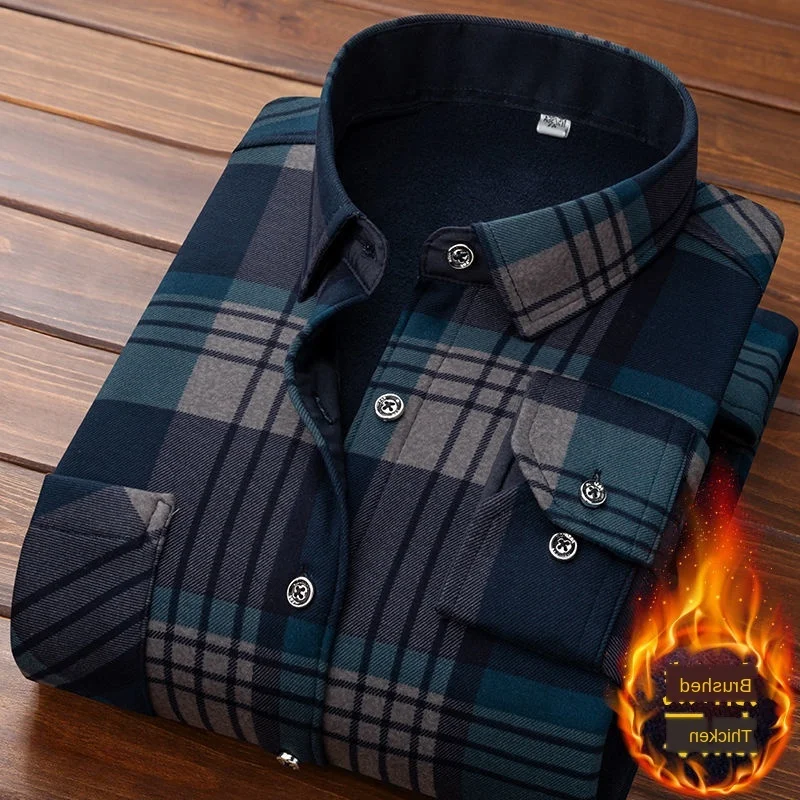 

Formal Shirt For Men 2020 Long Sleeve Fleece Warm Plaid Oversized Plaid Collar Shirt Winter Velvet Clothing warm Plaid shirt