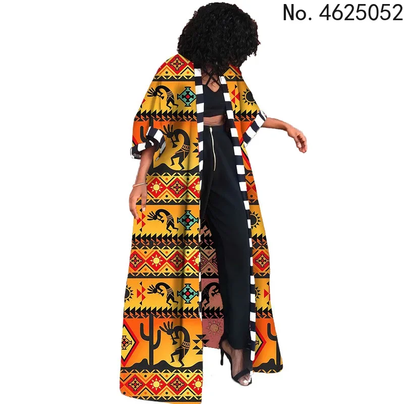 

Spring Summer African Printed Outwear Women Causal 3/4 Sleeve Open Trench Coat Women Overcoat Beachwear