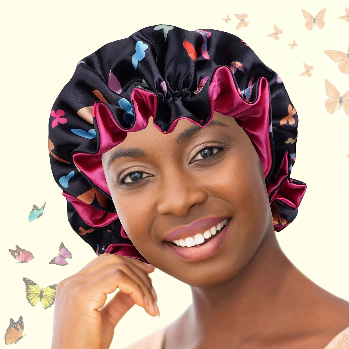 Unisex Colorful Butterfly Lace Sleep Cap Soft Silk Satin for Daily Beauty Hair Care Comfortable Bath Cap Christmas Gift