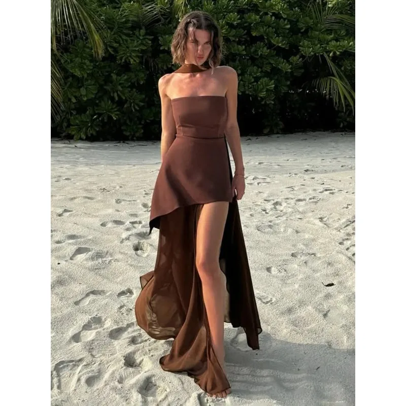 

Fashion Strapless Dress With Ribbon Female Elegant Sleeveless Mesh Beach Vacation Long Dress Spring New Women Dress