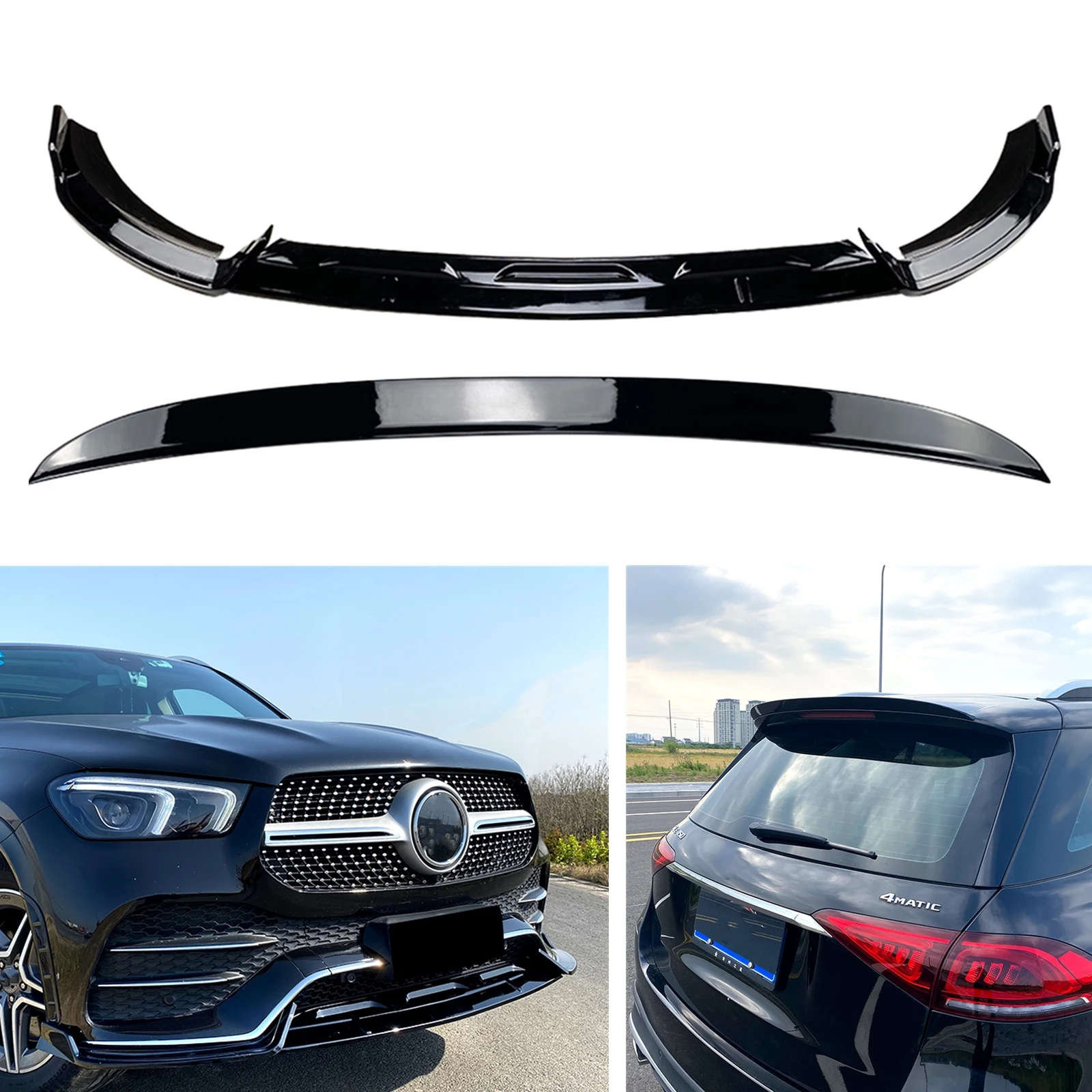 

For Mercedes Benz GLE Class W167 C167 2020-2023 GLE350 GLE450 GLE53 AMG Front Lower Bumper Splitter Lip+Rear Trunk Spoiler Wing