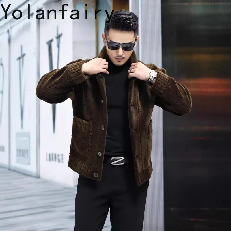 YOLANFAIRY メンズ100%ウールコート 2025年冬 リバーシブル メンズショートシープスキンジャケット 粒状ラムウールファーコート
