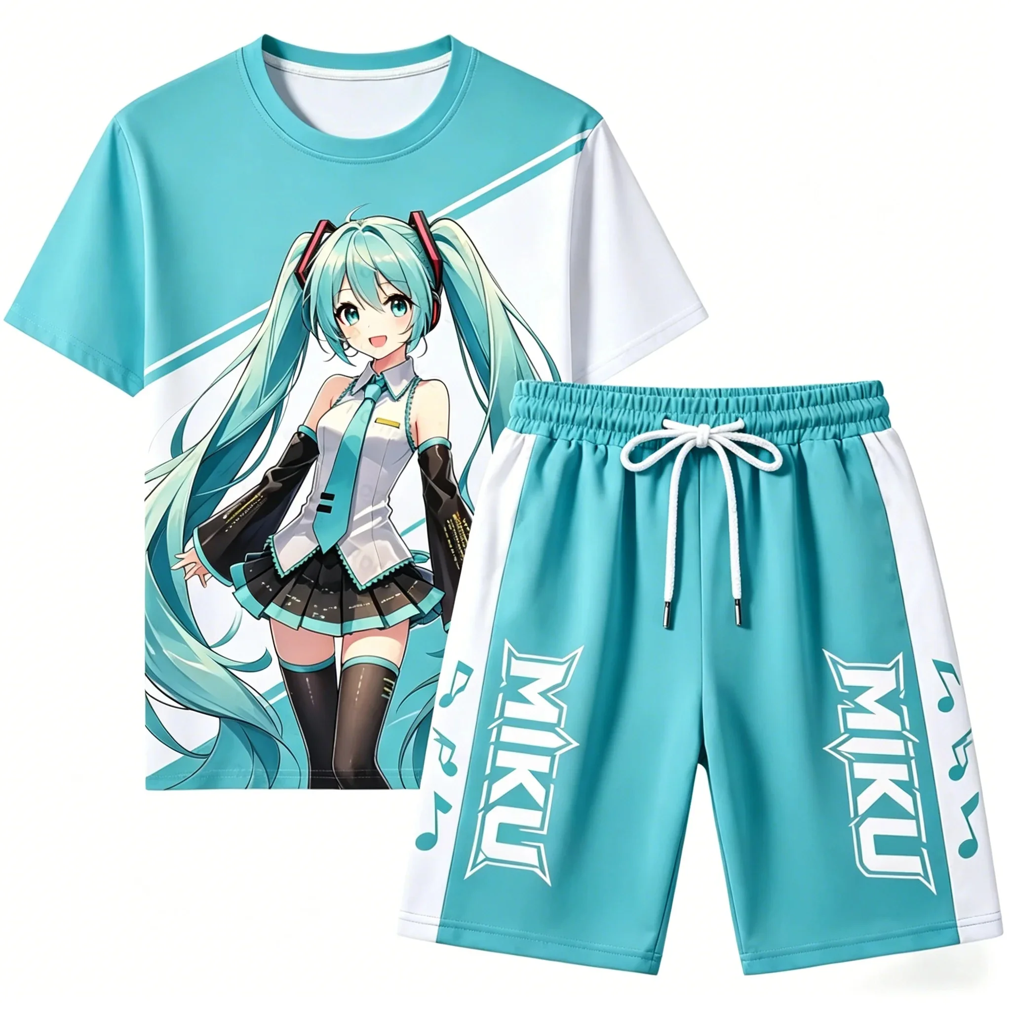 Summer Hatsune Miku 3D Printing Suit Children's Quick Drying Short Sleeved Shorts Animation Lovers Wear Parent-child Clothes