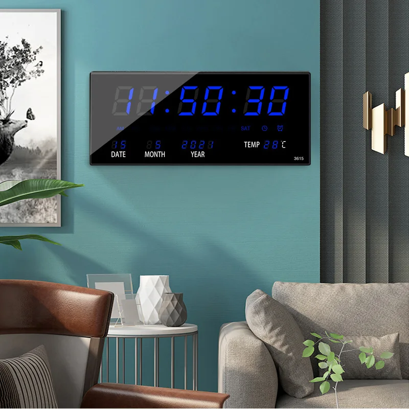 Luminous Digital Wall Clock Alarm Hourly Chiming Temperature Date Calendar Table Clock Electronic LED Clock Decoration with Plug