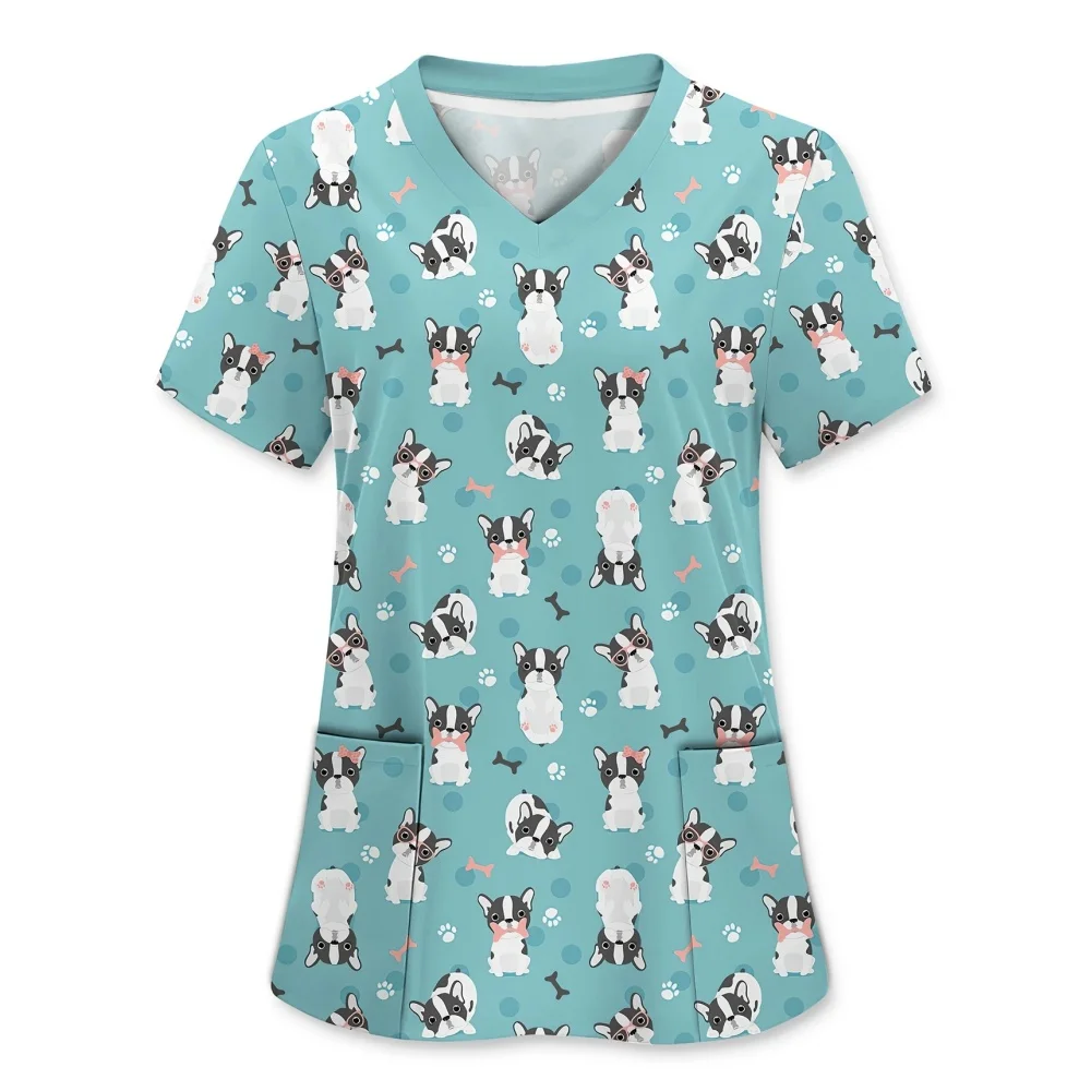 Uniformes chirurgicaux femme motif de chien mignon imprimé décontracté soins de santé vêtements médicaux été col en v à manches courtes uniforme d'infirmière femme