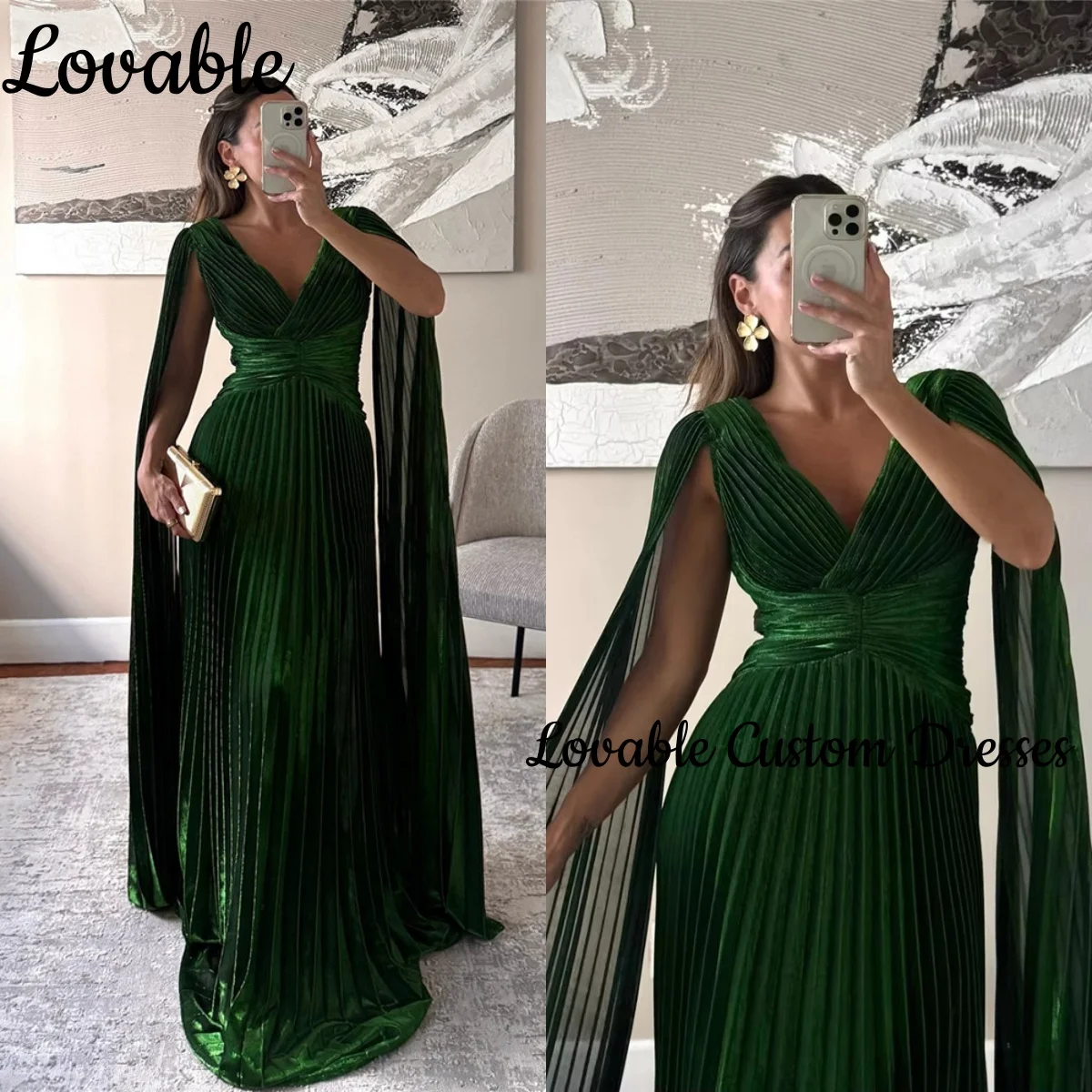 

Evening Dresses Luxury Customize A-Line V-Neck Floor-Length Ruffle Prom Dresses Zipper Up Cap Straps Vestidos De Fiesta