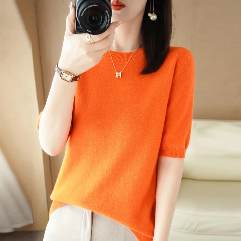 Spring Summer Short Sleeve Women Sweaters Korean Fashion Knitwears Slim Fit Bottoming Shirts Casual O-neck Pullovers Knit Tops