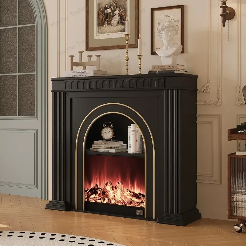 French black fireplace decorative cabinet, living room simulation fire door cabinet, solid wood rack, home cabinet, TV cabinet