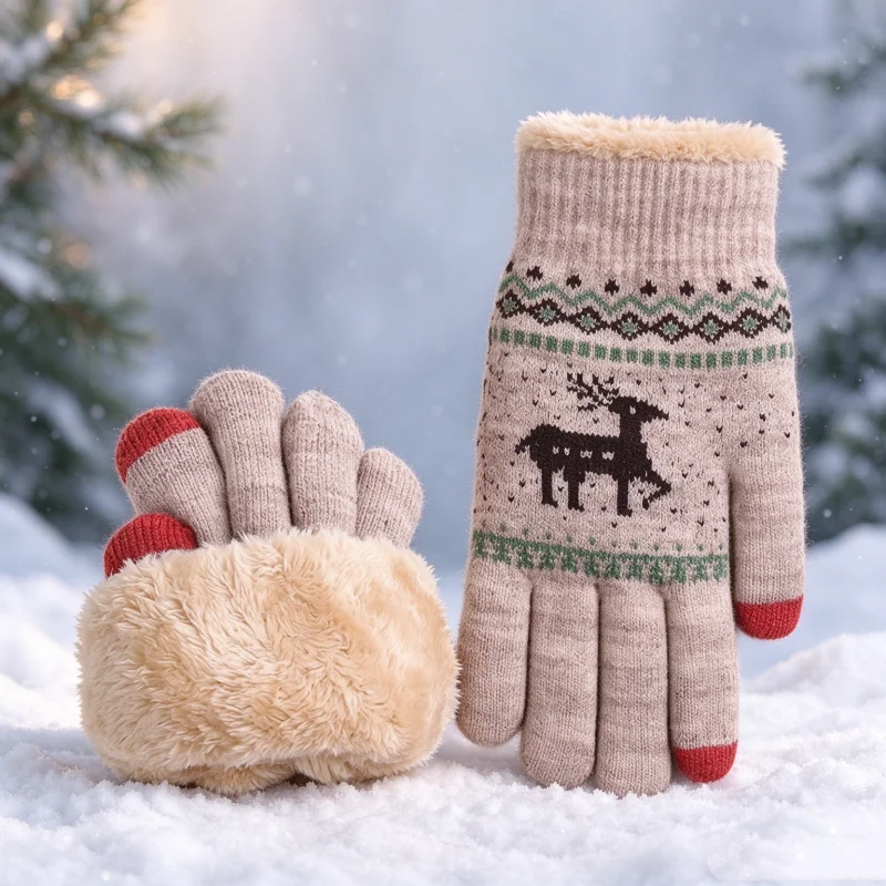 2/1 Pair of Women's Double-Layer Thickened Fleece Touchscreen Gloves, Decorated with Reindeer Pattern, Thick Knit, Non-Slip Grip, Stretchable Fit for Casual Outings, Holiday Gift Gloves, Suitable for Family, Parent-Child, Couples, Warm Touchscreen Gloves, Winter Warmth Suitable for Everyone, Christmas Party | Christmas