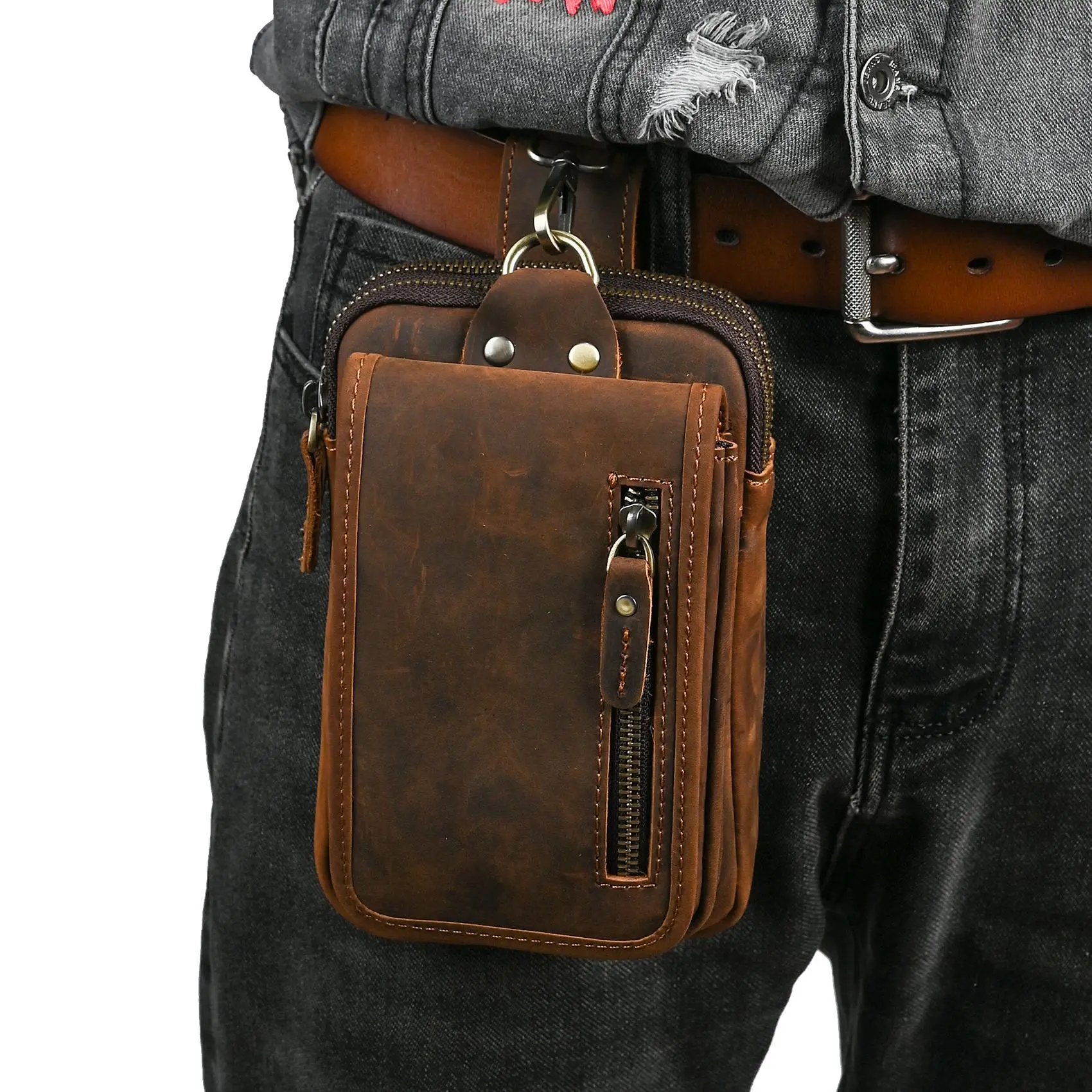 Vintage Distressed Crazy Horse Leather Belt Bag, Men's Compact Waist Pouch w/ Carabiner, Fits 6