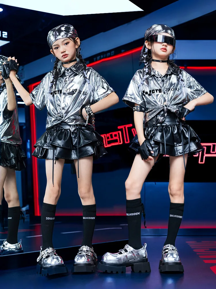 Girls Silver Jazz Dance Outfit Kids Hip Hop Streetwear Performance Costume Childrens Show Suit Trendy Stage Wear Cool