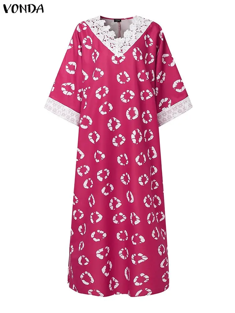 Plus size 5xl vonda boêmio impressão vintage maxi robe feminino vestidos longos com decote em v 3/4 manga rendas retalhos vestidos de festa casuais