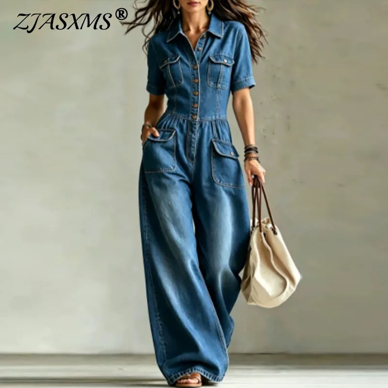Summer Woman Loose Casual Romper Lapel Collar Short Sleeve Button Denim Jumpsuit Pocket Solid Wide Leg Trousers One Piece Outfit