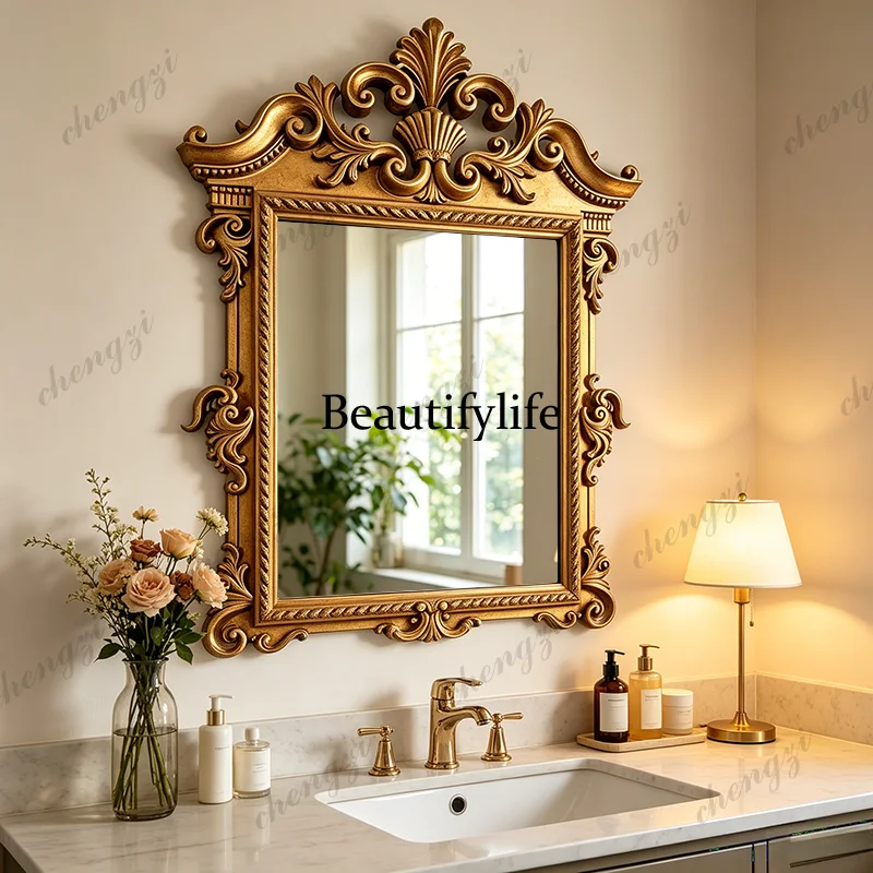 American retro decorative mirror American wall hanging living room carved makeup mirror light luxury bathroom mirror