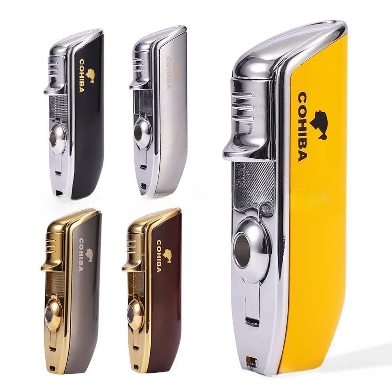 Cohiba Lighter Metal 3 Jet Blue Flame Turbine Torch Windproof Lighter Portable Igniter with Cigar Stamping Tool Men Gifts