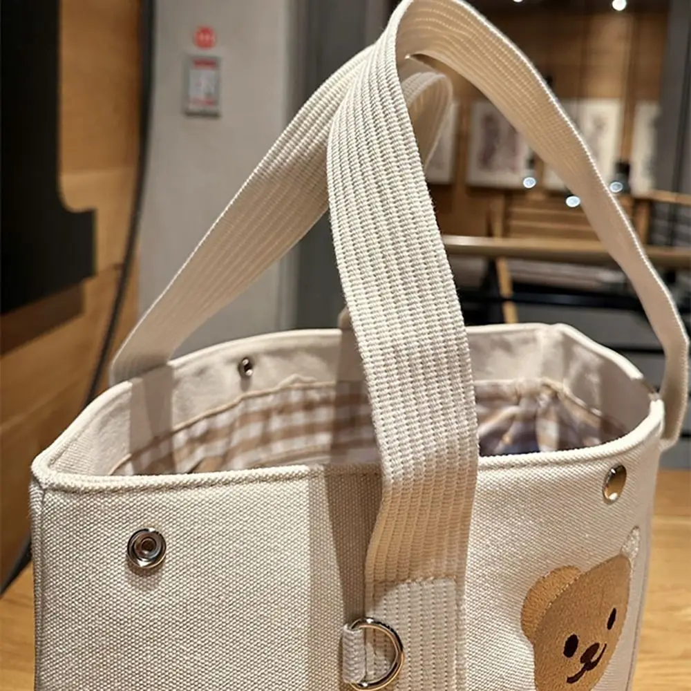 Women Canvas Bucket Handbags Casual Large Capacity Bear Embroidery Stroller Hanging Bag Korean Style Tote Bag Commuting Bag