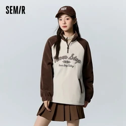 Semir Sweatshirt Women Mid-Length Polar Fleece Oversize Winter Contrasting Color Raglan Sleeve Stand Collar Embroidered Top