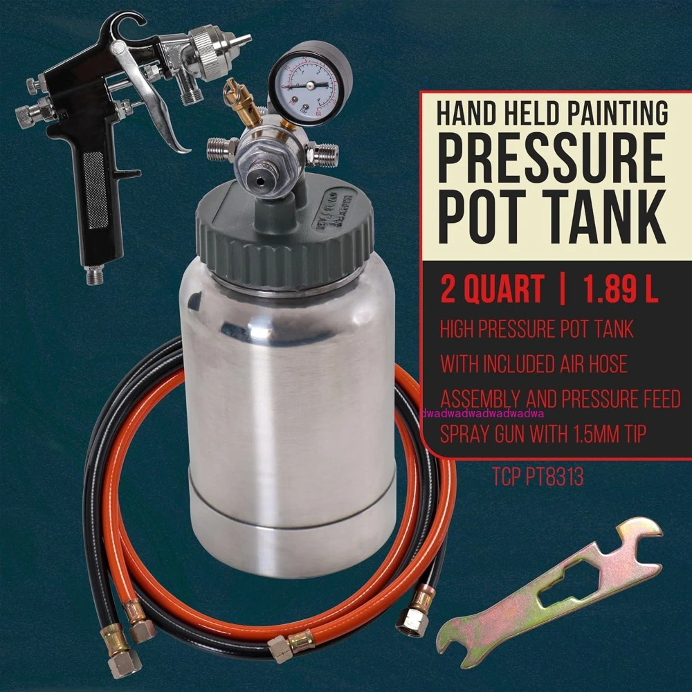 2 Quart Pressure Pot Spray Paint Tank: Heavy Duty Solid Steel, Screw on Lid, Regulator & Pressure Gauge, Spray Gun