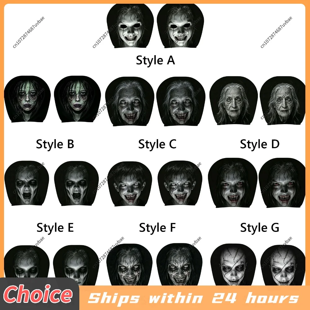 2PCS Halloween Scary Face Car Headrest Covers Horror Ghost Print Elastic Polyester Auto Pillow Protector