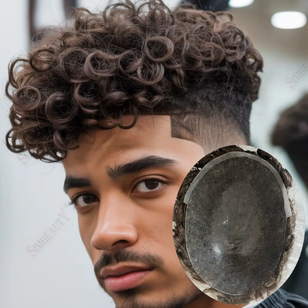 

20MM Curly Men's Toupee Grey Black Brown Human Hair Super Durable Full PU Base Male Hair Capillary Prosthesis Replacement System