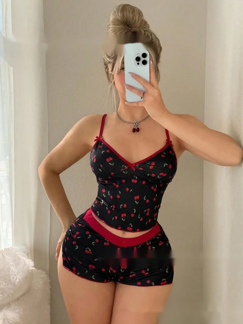 

Корейские и японские модные комплекты шорт из двух предметов с вишневым принтом, сексуальные милые пижамы с бантом, комплекты шорт Pure Desire, очаровательные KMSQ