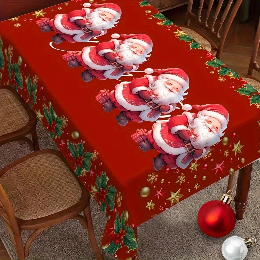A festive Santa Claus Christmas tablecloth - featuring holly and star designs, made of polyester material.