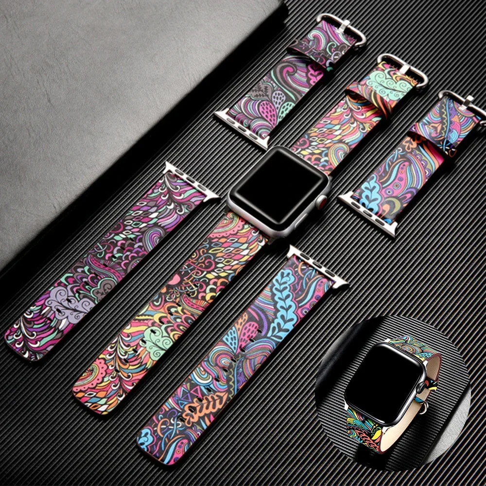Genuine Leather Strap For Apple Watch 46mm 45mm 44mm 40mm 41mm 42mm Flower Print Wristband Correa For iwatch 10 9 8 7 6 5 4 3 SE