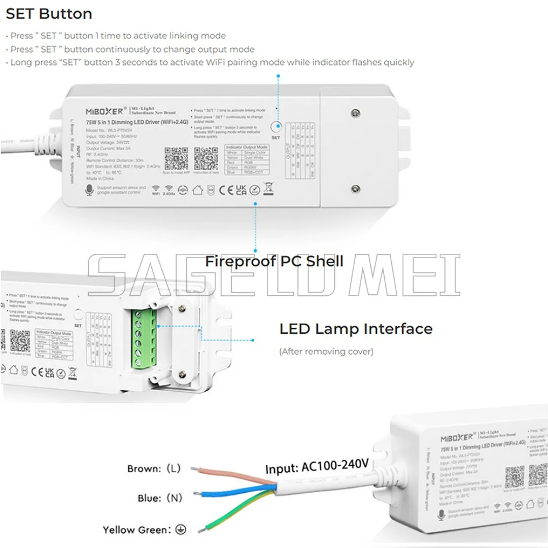 MiBOXER WL5-P75V24 75W 5in1Dimming LED Driver WiFi+2.4G Power Adapter AC100V~240V to DC24V Support Multiple Control RGB+CCT 3A