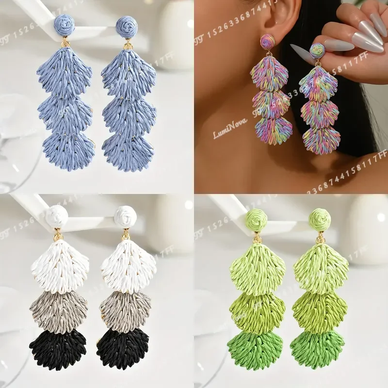 1 Pair Bohemian Beach Multicolor Hand Woven Multi Layer Raffia Seashell Long Drop Earrings Summer Vintage Niche Elegant
