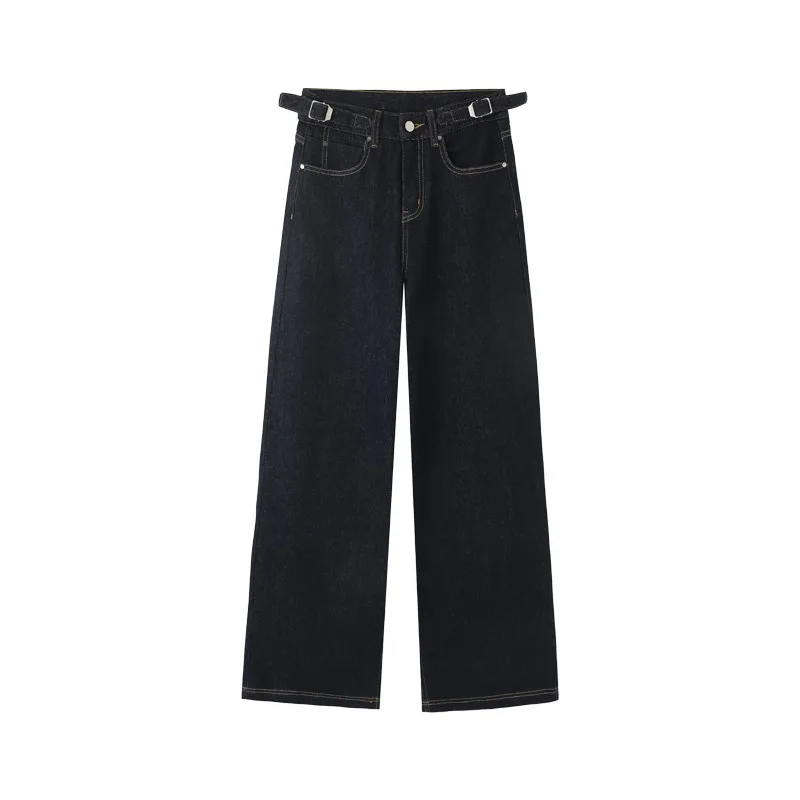 Women Vintage Denim Blue Wide Leg Jeans Autumn Winter New, Adjustable Unique Waistband Streetwear Casual Loose Denim Trousers