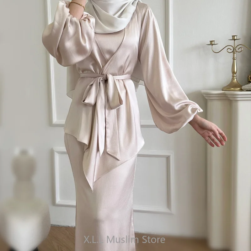 2 Piece Sets Women Outfit Muslim Women Islamic Clothing Solid Muslim Fashion Elegant Turkey Solid Color Robe Abaya Dubai Luxury