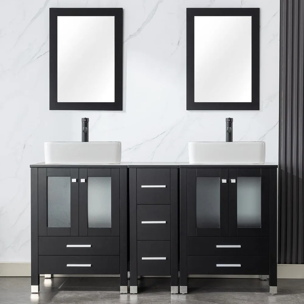 

60" Double Bathroom Vanity Sink Combos Elegant Series with Side Cabinet, Solid Wood Construction and Painted Frame Black