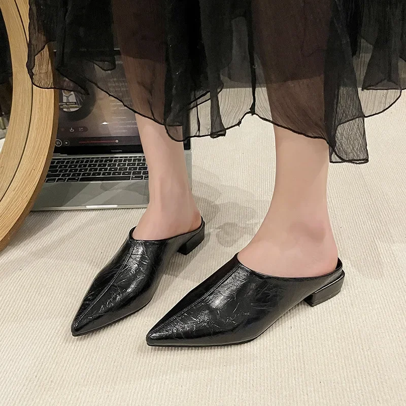 Hochhackige Einfache Damen-Baotou-Halbpantoffeln Spitze Sommer-Abendschuhe Einfarbige Hohe Absätze Schwarze Schuhe – Detail 11