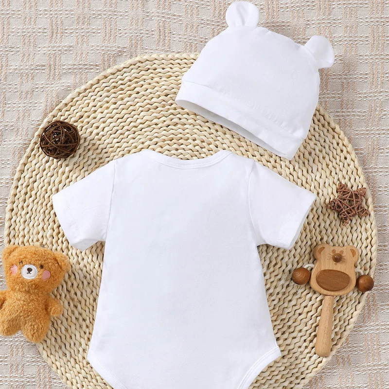 2PCS Short Sleeved Jumpsuit+Hat for Newborn Baby Boys and Girls 0-9 Months Cute Animals White Romper Bodysuits Onesie for Summer