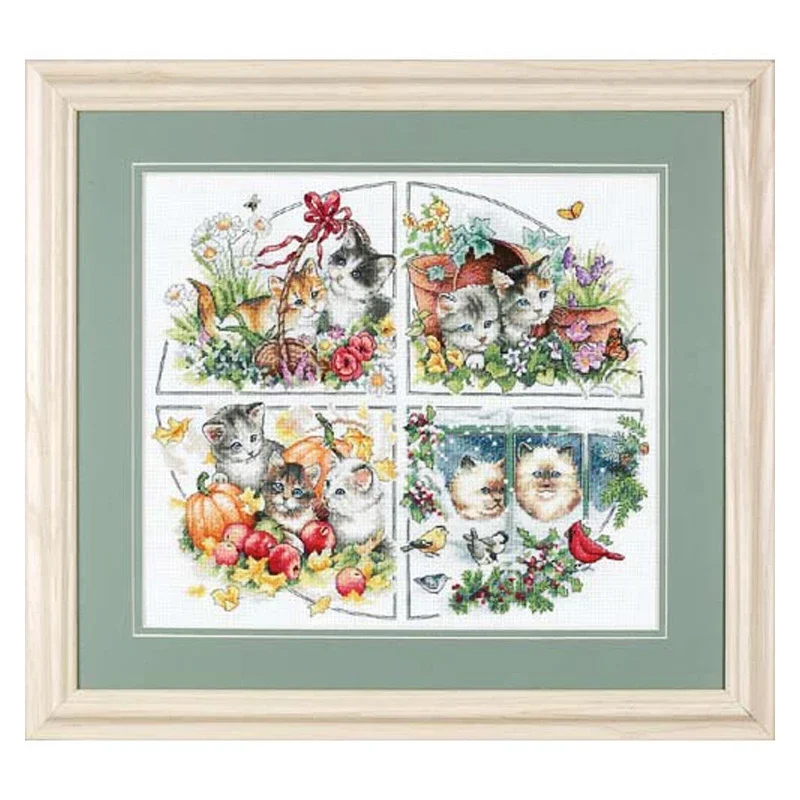 Amishop Gold Collection Counted Cross Stitch Kit Four Seasons Kittys Cats In Flowers Animals Diy Home Decoration Dim 35154